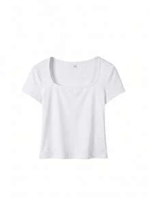 Parte superior corta ajustada de cuello cuadrado amarilla con estilo Y2K, manga corta ajustada, estilo minimalista, adecuada para citas, reuniones con amigos, salidas casuales de primavera/verano Blanco - Blanco - Ver 2
