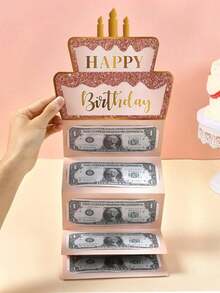 1 Set Pink & Gold "Happy Birthday" Folding Cash Card & Envelope, Pink & Gold Birthday Cake Pattern Paper Folding Banknote Card, Birthday Party Surprise Cash Gift, Anniversary Commemorative Cash Folding Card, Birthday Celebration Cash Decor, Birthday Party Decor, Happy Birthday Folding Banknote Card & Envelope - Fun Way To Gift Cash, Birthday Decor, Birthday Gift, Party Favor - 粉紅金生日蛋糕 - 查看 13