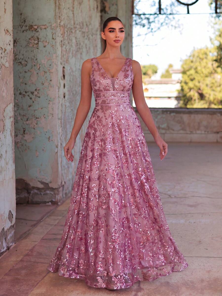 Đầm nữ thanh lịch cổ chữ V không tay dáng chữ A đính sequin - Nhẹ nhàng và thướt tha, thích hợp cho mùa xuân/hè - Hoàn hảo cho khách dự đám cưới, dạ hội, sự kiện thảm đỏ, tiệc nghỉ hè.