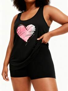 Women's Casual Sporty Style Vintage Fashion Round Neck Short Sleeve T-Shirt With Heart And Floral Print,Only One Short-Sleeve Shirt - 黑色背心一件1 - 查看 4