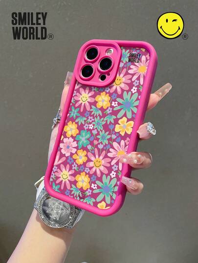 Smiley World SmileyWorld® | 1pc Shock-Absorbing Full Coverage TPU Material High-Grade Bamboo Texture Phone Case, Smiley Flower Patchwork Pattern, UV Printing, Compatible With IPhone 17, 16, 15, 14, 13, 12, 11 Pro Max, Suitable For Holiday Gifts, Commuting, Anti-Drop High-Quality Design