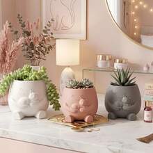 Cute Succulent Plant Pots, Animal Face Shaped Planters Suitable For Indoor Plants, Decorate Desktops, Shelves And Home Decor, Pink Grey White - A - View 1