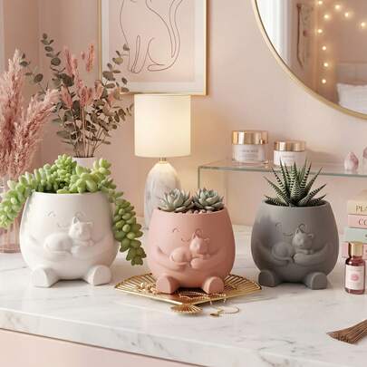 Chậu trồng cây mọng nước dễ thương, chậu hoa hình mặt động vật cho cây trồng trong nhà, giá đỡ cây trang trí để bàn, kệ và trang trí nhà cửa, màu hồng xám trắng.