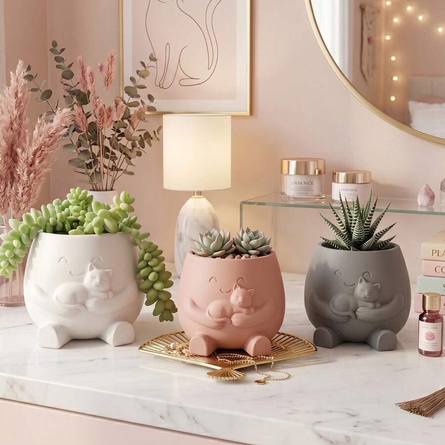 Cute Succulent Plant Pots, Animal Face Shaped Planters Suitable For Indoor Plants, Decorate Desktops, Shelves And Home Decor, Pink Grey White - A - View 1