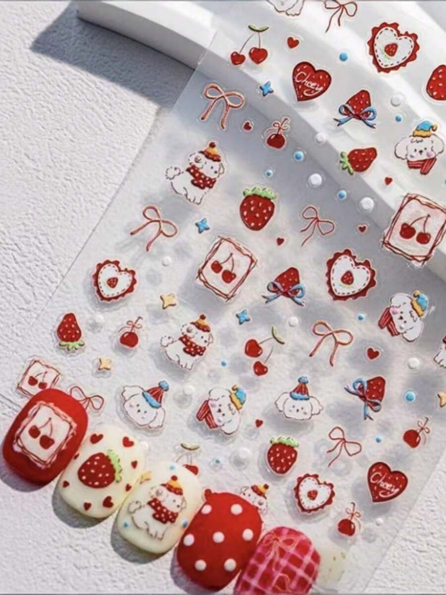 1 miếng dán móng tay hình chú cún dễ thương dập nổi với họa tiết dâu tây, anh đào và nơ, decal nghệ thuật móng tay tự dính 5D nổi bật, thích hợp cho tiệm nail và tự làm tại nhà. - Nhiều màu - Xem 1