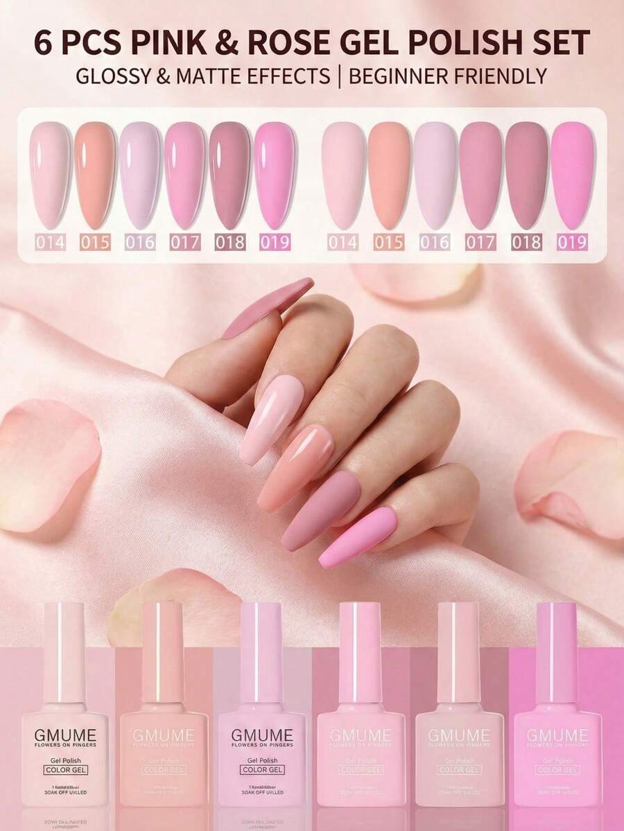 GMUME 6色套装 014 015 016 017 018 019 专业UV LED可卸甲油胶套装 甜美樱花女孩马卡龙粉色春季系列 情人节约会之夜樱花派对少女风 7.5毫升/0.26液盎司 全尺寸美甲用品 底油 面油 无异味 纯素 防脱落 速干 沙龙级入门套装 2026年新款 时尚优雅 易于涂抹 光滑妆效 一瓶一色 - 淺粉色 - 查看 1
