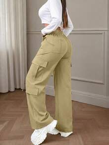 Solid Color Multi-Pocket Button Casual Y2K Style Elegant Cute Lightweight Cargo Pants, Suitable For Back To School, Graduation, Club, Birthday Party, Halloween, Thanksgiving, Mother's Day, Concert, Gym, Beach, Office, Daily Wear, Outdoor, Travel, Airport, Street, Teacher's Day, Spring, Summer, Autumn, Winter - Khaki - View 3
