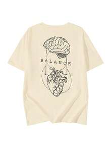 Camiseta casual para mujer, con estampado de anatomía del cerebro y el corazón, corte holgado y oversize, estilo callejero de cuello redondo y manga corta, adecuada para ir al trabajo, viajes urbanos, salidas de verano, reuniones con amigos, brunch de fin de semana en color negro - Albaricoque - Ver 2