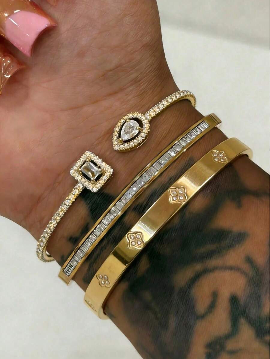 Bộ vòng tay hình trái tim bằng thép không gỉ mạ vàng 18K đính kim cương, vòng tay hở bằng vàng 14K đính đá Cubic Zirconia, phụ kiện thời trang đeo hàng ngày, quà tặng ngày lễ cho phụ nữ.