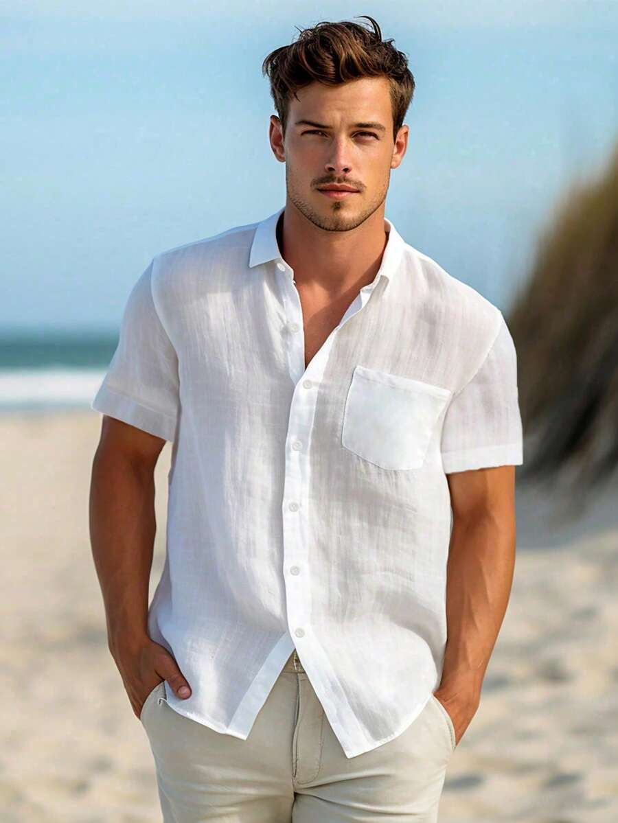Men's Solid Color Casual Shirt, Short Sleeve Shacket, White Fashion Shirt, Hawaiian Resort Beach Shirt - White - View 1
