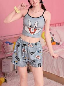 Noctvar OBM Sleepwear X LOONEY TUNES Bộ đồ ngủ gồm áo hai dây và quần short in hình hoạt hình chó Bulldog Mỹ cổ điển, phối màu tương phản, đồ ngủ ngọt ngào và thoải mái dành cho nữ. - Nhiều màu - Xem 7