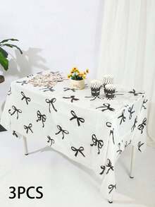 3pcs 137*274CM/53.94*107.87IN Party Decorative PE Waterproof And Oil-Resistant Disposable Tablecloth, Fashionable White Background Black Bow Pattern Tablecloth, Suitable For Various Theme Parties And Daily Decoration, Can Be Used As Background Cloth/Picnic Mat - Black and White - View 9
