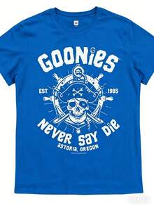 Durable Cotton, Goonies Never Say Die Men's Retro Style Cotton T-Shirt - Comfortable Crew Neck, Short Sleeve, Skull And Crossbones Pattern, EstDesigned In 1985, An Ideal Choice For Casual Clothing, Casual Clothing T-Shirt|Casual Crew Neck|Durable Fabric Round-Neck T-Shirt,Versatile & Everyday Wear,Year-Round Essential, Y2K Style - Màu xanh lam - Xem 11