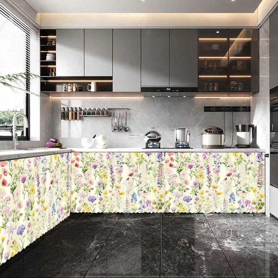 1pc -Style Colorful Wild Flower Pattern Polyester Velvet Table Skirt, Ideal For Kitchen Cabinet Cover, Laundry Cabinet, Storage Cabinet Decor, Can Also Be Used As Short Curtain For Windows - Multicolor - View 1