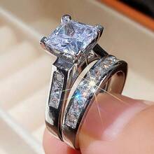 Bộ 2 nhẫn đính hôn cho nữ, 9.7g bạc sterling 925, kiểu dáng cổ điển 4 chấu, đá zirconia tổng hợp hình vuông, trang sức cầu hôn thanh lịch cho cô dâu. - Vàng - Xem 1