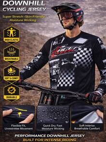 TELEYI Jersey Motocross MTB Lengan Panjang Pria Motif Kotak-kotak, Grafiti Huruf, Jaring Cepat Kering, Atasan Atletik Balap Sepeda Downhill Offroad, Warna Hitam - Hitam - View 7