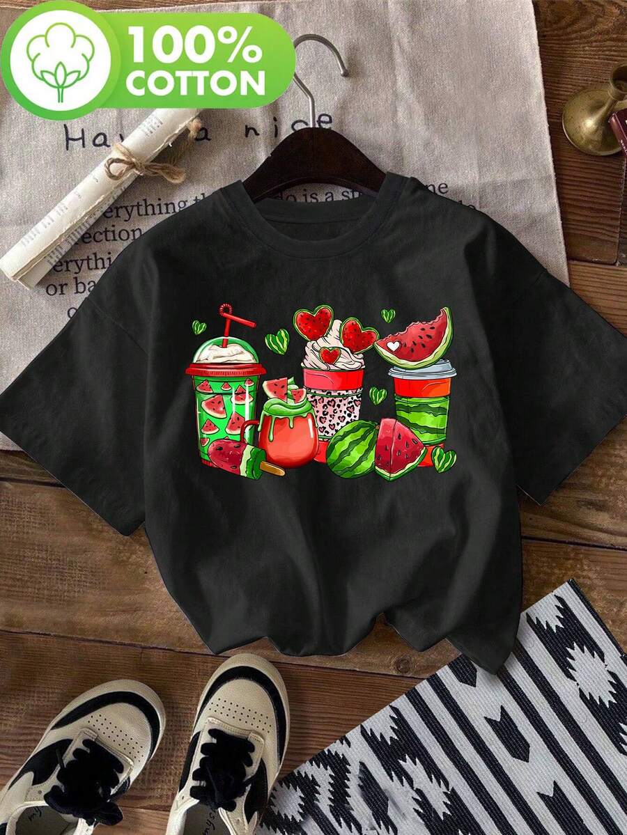 Watermelon And Iced Coffee Cup Print T-Shirt, Short Sleeve, Crew Neck, Casual Tops For Summer And Spring, Women's Clothing-X - 黑色 - 查看 1