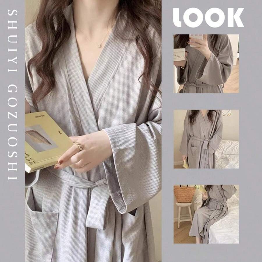 Áo ngủ kiểu kimono tối giản họa tiết waffle mới năm 2025 dành cho nữ, thích hợp cho mùa Xuân/Thu/Hè. - Nhiều màu - Xem 1