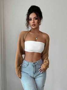 Bolero de punto para mujer, color blanco, manga larga holgada, ideal para combinar con tops y vestidos en primavera y verano - Camel - Ver 4