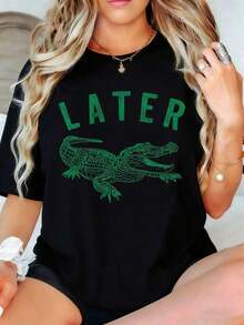 1Pcs,2026,100% Cotton Later Gator Shirt, Alligator Funny Offensive Crocodile Shirt, Loose Type Shirt For Women, Casual  Simple Short Sleeve Women To - Apricot - View 9