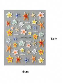 2pcs 5D Embossed Ocean Style Nail Art Stickers - Orange Hibiscus Flower & Starfish Nail Decals - Summer Beach/Vacation/Music Festival DIY Nail Decoration - Multicolor - View 9