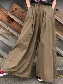 Pantalones de pierna ancha y holgada para mujer, incluyendo el estilo culotte negro, diseñados para la temporada de primavera. - Caqui - Ver 5