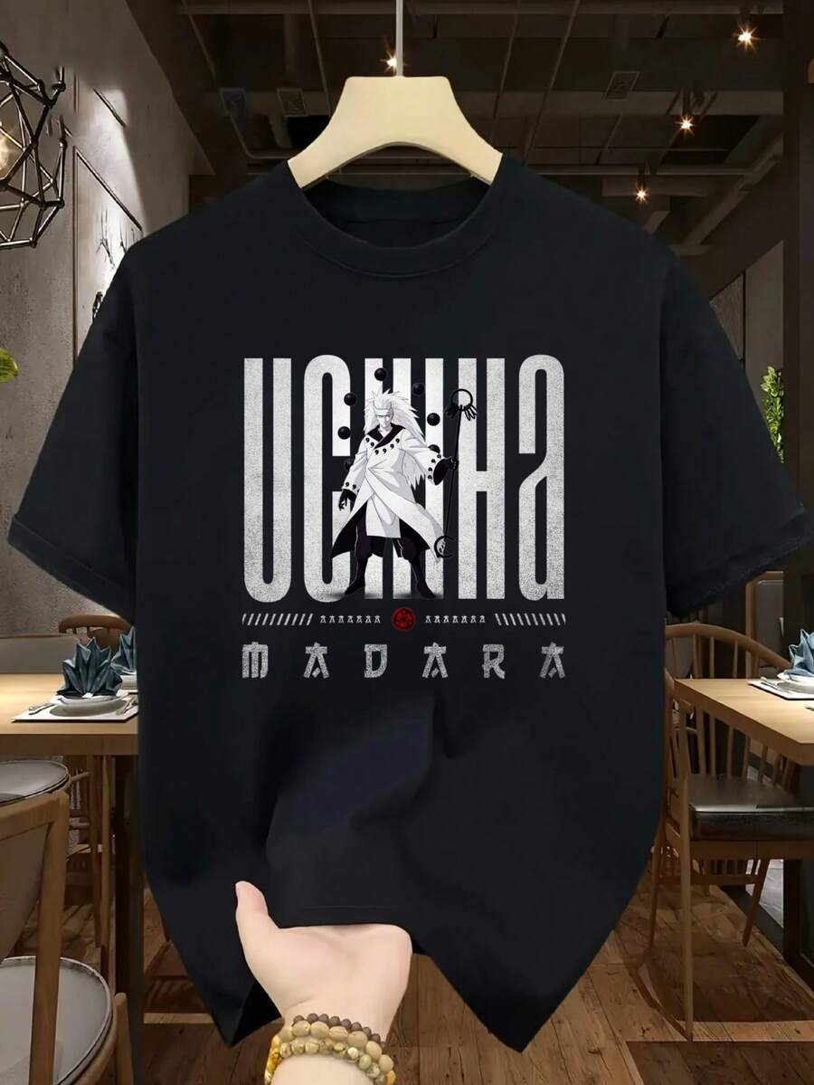 Black Uchiha Madara Anime Character And Text Design Casual Wear T Shirt 100% Cotton Unisex Loose Short Sleeve Ultra Soft Breathable Perfect For Daily Wear - Black - View 1