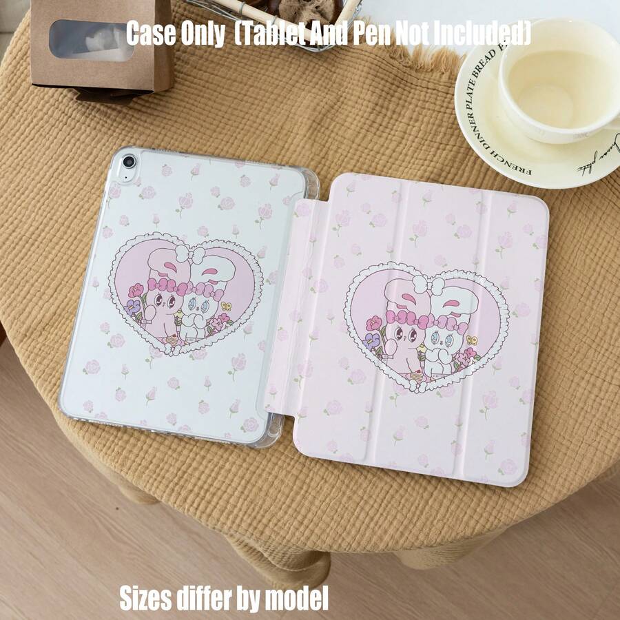 三折高透明亚克力保护套，带笔槽，粉色玫瑰爱心女友兔图案；三折高透明亚克力保护套，浅粉色玫瑰花心双兔图案；三折高透明亚克力保护套 - 彩色 - 查看 1