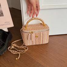 1pc Minimalist Casual Versatile Woven Straw Lunch Box Bag, Small Chain Shoulder Crossbody Bag, Popular Seasonal Gift - 米色 - 查看 4