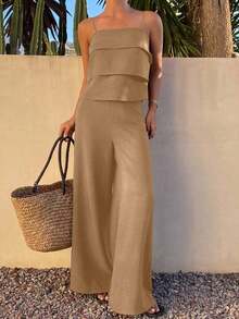 Conjunto fresco para mujer: top con volante + pantalones holgados, perfecto para vacaciones en la playa y salidas casuales - Caqui - Ver 5