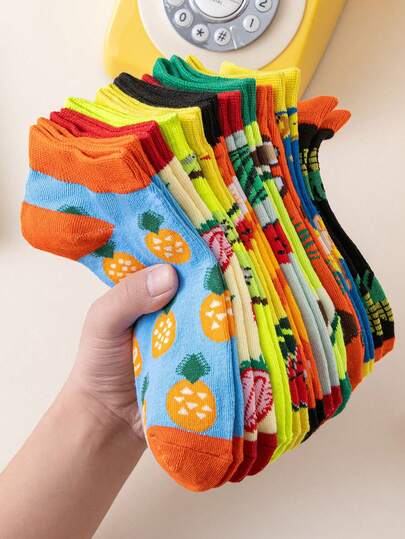 1 Par/5 Pares de Calcetines con Patrón de Fruta de Dibujos Animados Aleatorios, Calcetines de Personalidad de Moda para Hombres, Calcetines de Tobillo Transpirables, Suaves, Que Absorben la Humedad y Delgados, Adecuados para Uso Diario, Deportes, Casual en Primavera, Verano, Otoño