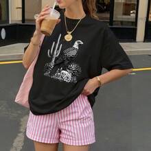 Camiseta Oversize Negra con Impresion de Aguila y Cactus para Verano - Negro - Ver 3