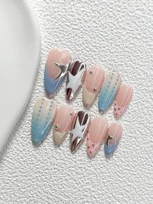 10Pcs Dreamy Girly Style Handmade Nail Art Set,Unghie Press On,Steel Ball Nail Art Accessories,Stars,Blue, Yellow And Pink Nail Polish,Includes Nail Tools,3 Sizes Available,Almond Nails , Duck Nails,Coffin Nails For Party, Dance, Daily Wear. - 彩色 - 查看 19