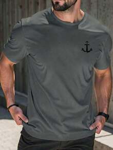 Men's Short-Sleeved T-Shirt With A Round Neck And Simple Design - 深灰色 - 查看 1