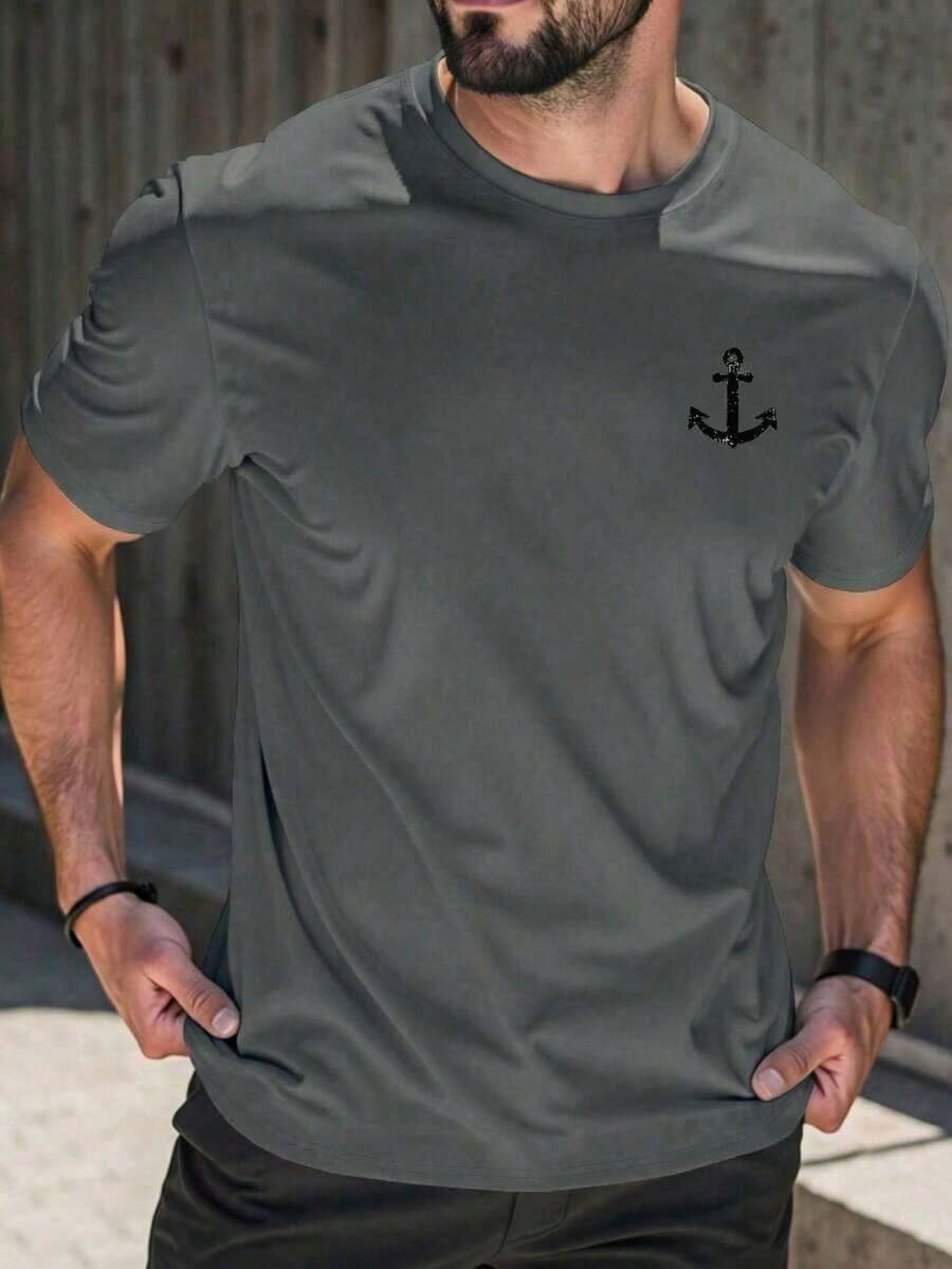 Men's Short-Sleeved T-Shirt With A Round Neck And Simple Design - 深灰色 - 查看 1