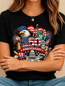 Women's Crew Neck Summer Tee USA 250th Anniversary Patriotic Print Regular Fit Top Perfect For National Celebrations & Daily Casual Wear & Leisure Outings - màu đen - Xem 5