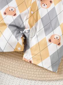 Newborn Baby Boys Girls Cute Cartoon 3D Ear Monster Embroidery Patchwork Romper Jumpsuit, Summer - Khaki - View 6