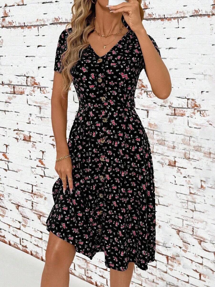 Vestido midi clásico femenino de cuello en V con botones frontales, estampado de lunares rojos, manga corta y cintura alta entallada.Falda A con abertura lateral, ideal para primavera y citas de San Valentín. - Rojo 2 - Ver 1