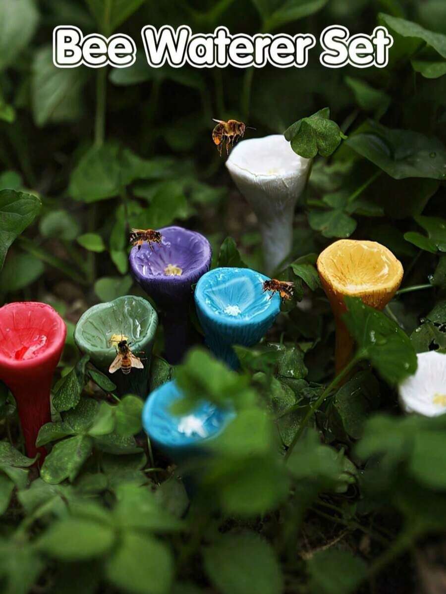 5件套彩色蜜蜂饮水器套装，蜜蜂和昆虫饮水杯，可重复使用的蜜蜂、蝴蝶和蜂鸟饮水杯，带木质底座，园艺蜜蜂喂食器，花园雕塑，门廊鹅和庭院蜜蜂喂食器，适合户外使用，花园，阳台，花盆，创意庭院装饰，实用园艺工具，庭院用品，花盆，园艺，花园装饰，户外鸟类喂食器