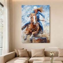 Con marco 1 Póster de Carrera de Barriles Vaquera Occidental - Escena Llena de Acción, Moderno para Decoración de Rancho en Sala, Dormitorio u Oficina - Arte Rodeo Detallado, Regalo Ideal para Aficionados al Equitación y Deportes del Oeste - Enmarcado - Ver 5