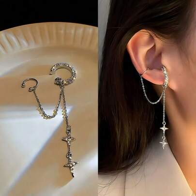 Nuevos pendientes tipo brazalete con borlas, pendientes de cadena de estrella de una sola pieza para orejas sin perforar, pendientes de estilo minimalista elegante para mujeres