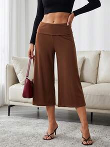 Pantalones capri de cintura alta para mujer, modernos, informales, de color liso, de tiro bajo y pierna ancha - Marrón oscuro - Ver 3