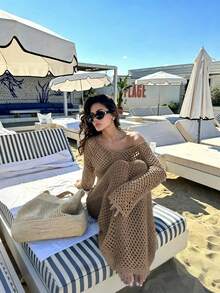 Women's Summer Casual Hollow Out Beach Knit Top + Long Skirt 2pcs Set Fashion Knit Clothing - Summer Women's Set, Elegant Women's Dress - Khaki - View 4
