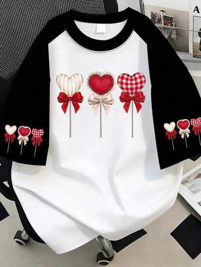 Maglietta grafica a girocollo con stampa a cuore divertente, taglie forti, per il giorno di San Valentino. Blusa casual estiva a blocchi di colore, taglie forti, adatta per vacanze estive, spiaggia, resort, primavera, San Valentino