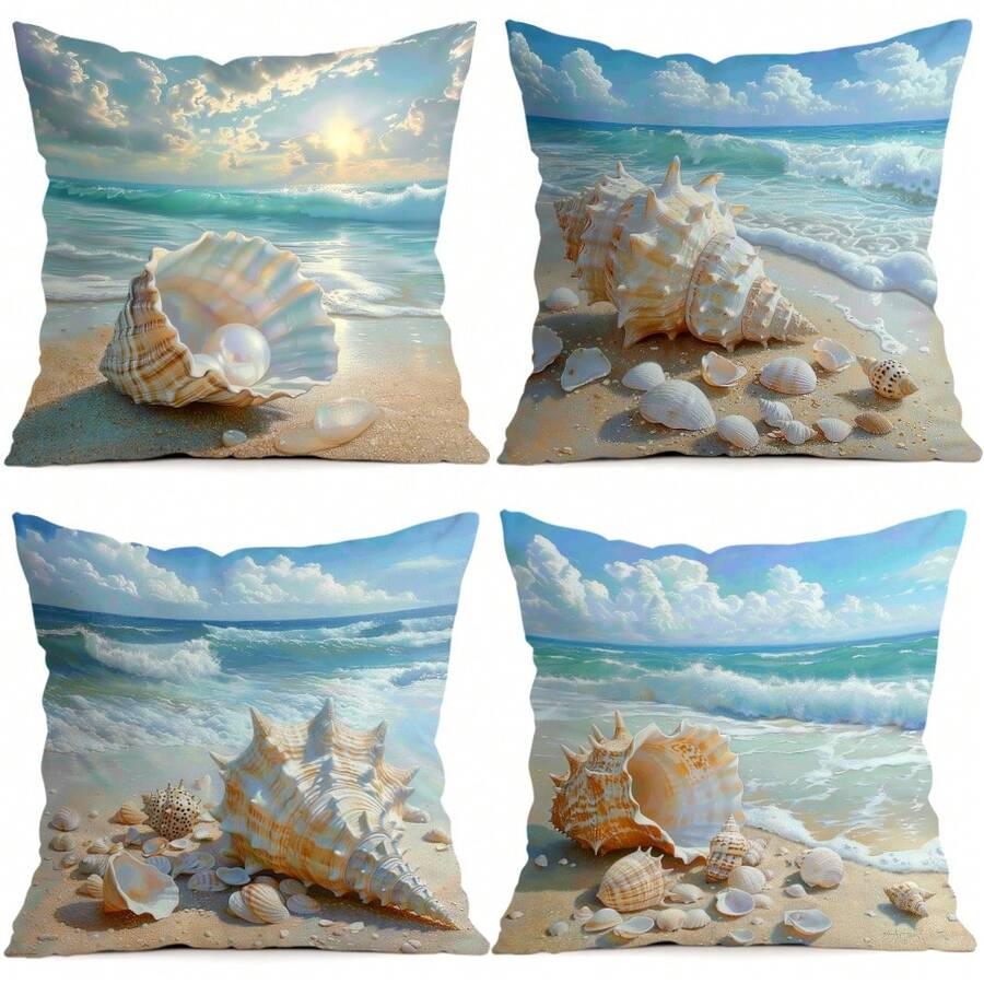 4 buah Sarung Bantal Motif Ombak Laut & Kerang, Sarung Bantal Cetak Satu Sisi, Cocok untuk Ruang Tamu, Kamar Tidur, Dekorasi Rumah, Semua Musim - MultiWarna - View 1