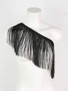 1 Áo croptop lệch vai màu đen tua rua, phong cách boho, gợi cảm, thích hợp cho hẹn hò, tiệc tùng, khiêu vũ và lễ hội. - YM - Xem 2