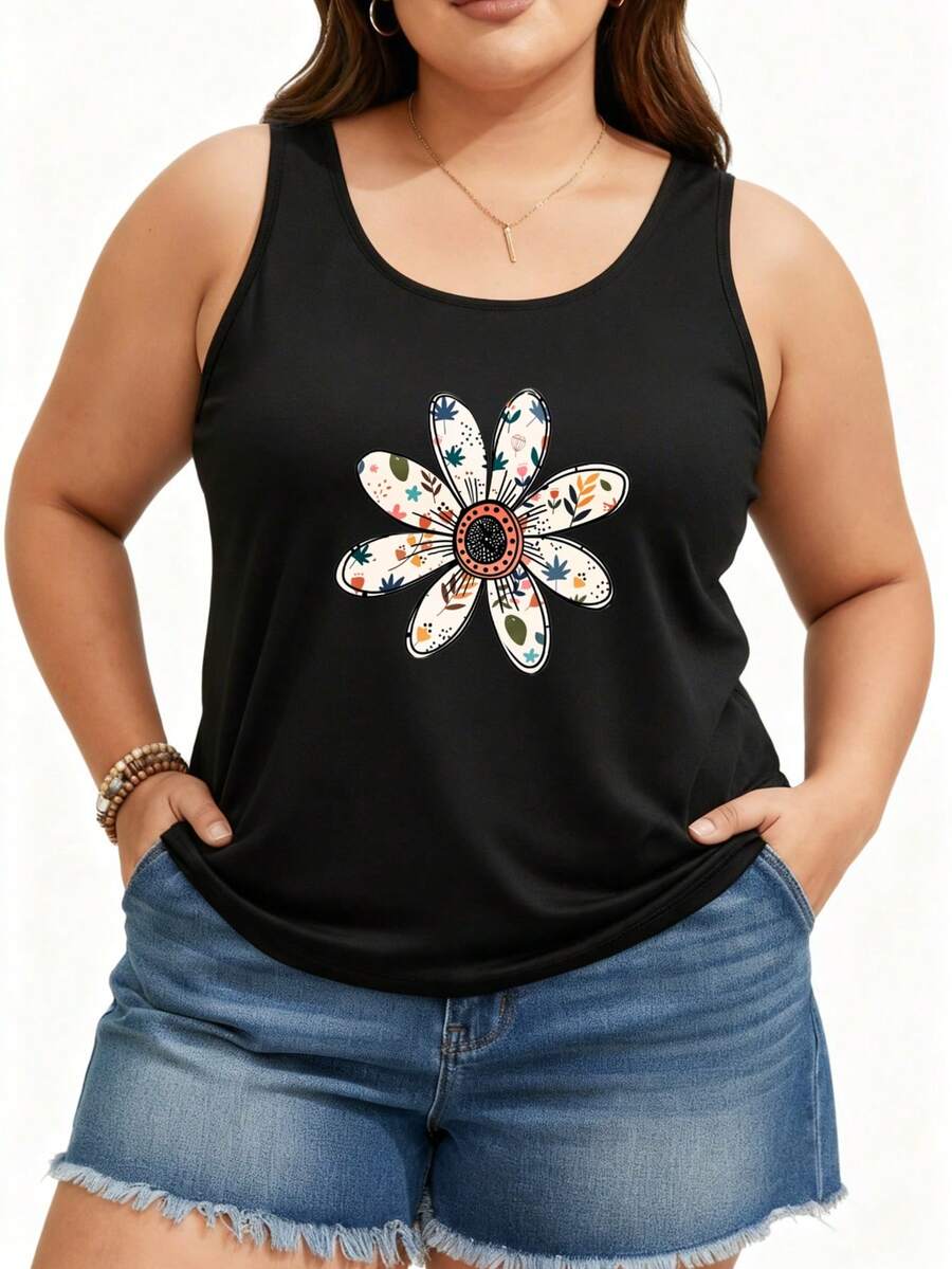 Women's Casual Sporty Style Vintage Fashion Round Neck Short Sleeve T-Shirt With Heart And Floral Print,Only One Short-Sleeve Shirt - Áo vest đen, 2 chiếc - Xem 1