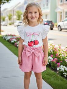 Set de 2 piezas: Camiseta de manga de volantes con estampado de cerezas + Pantalones cortos con lazo rosa para niñas pequeñas, estilo coreano dulce y fresco, cómodo para uso diario casual/al aire libre - Rosa - Ver 1