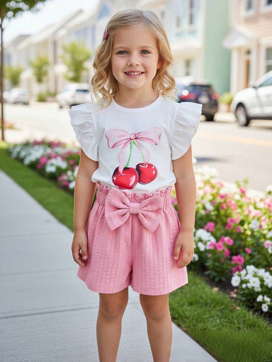 Set de 2 piezas: Camiseta de manga de volantes con estampado de cerezas + Pantalones cortos con lazo rosa para niñas pequeñas, estilo coreano dulce y fresco, cómodo para uso diario casual/al aire libre - Rosa - Ver 1