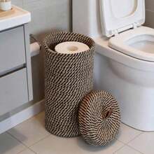 Bohemian Style Decorative Toilet Paper Holder, Handwoven Paper Basket Can Store Large Toilet Paper Rolls, Holds 3 Rolls, Bathroom Vanity Organizer. Woven Paper Basket Can Store Large Toilet Paper Rolls. - Màu kaki - Xem 1